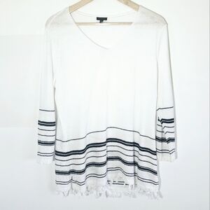 Talbots 100% Linen Tassel Hem V-Neck Blue Stripes White Women's Blouse Size M